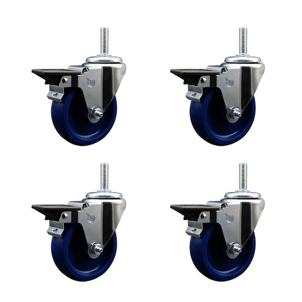 4 Inch Solid Polyurethane Wheel Swivel 58 Inch Threaded Stem Caster Set with Brake SCC